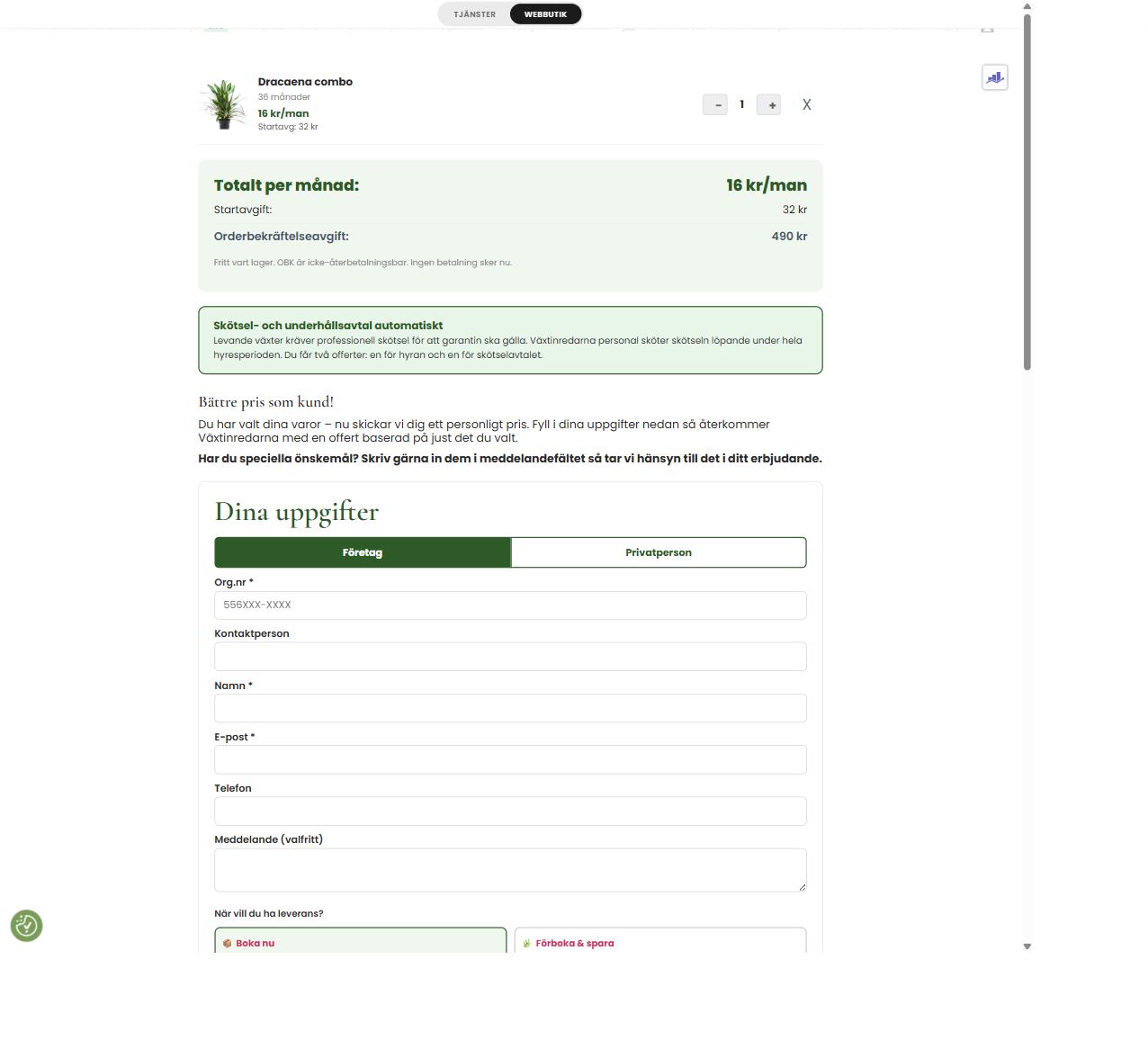Offertformuläret hos Växtinredarna – samla produkter, se totalpris och få skräddarsytt offert per mail